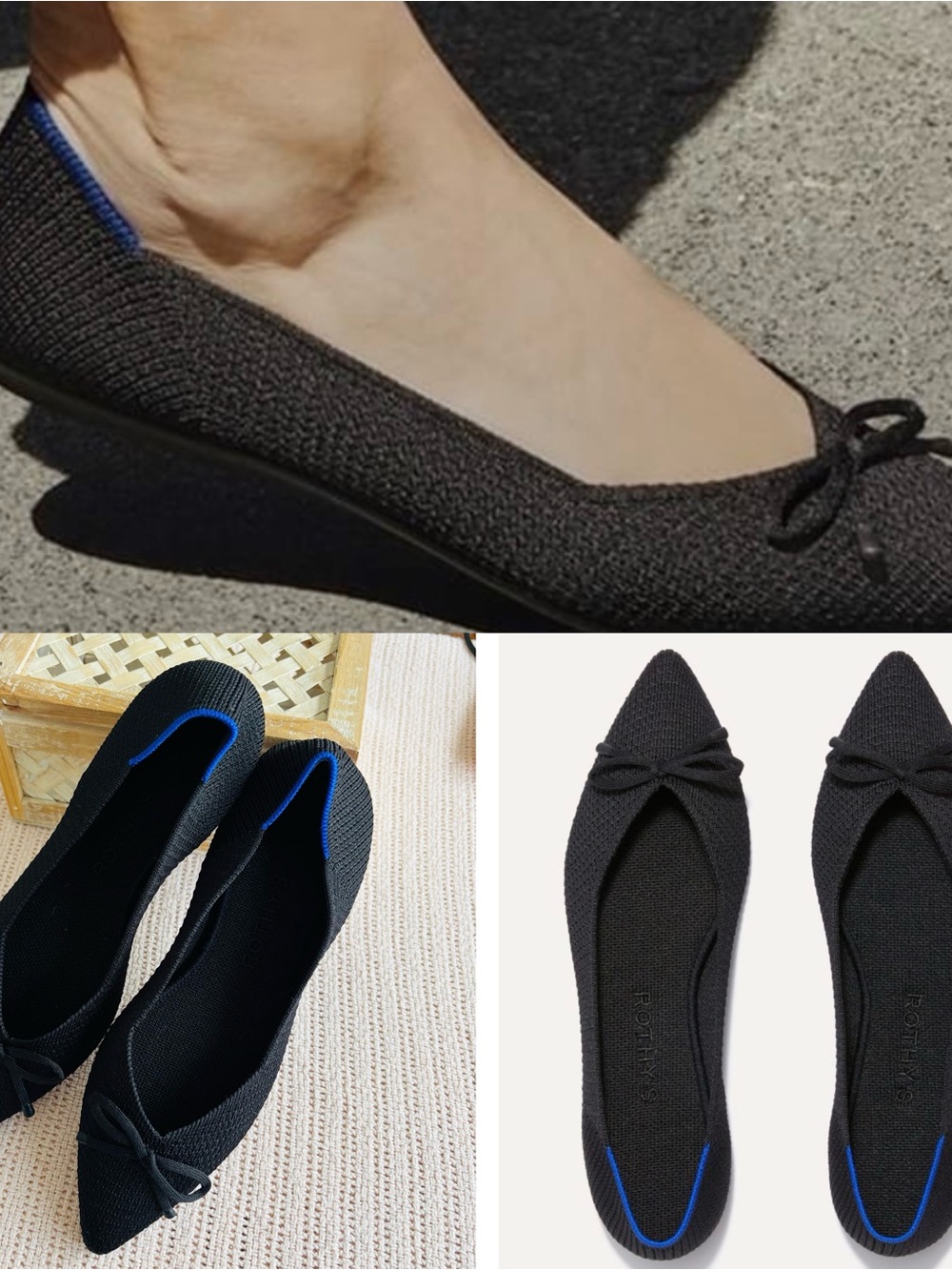 Rothy's Black Pointed Knit Ballet Flats with Bow Accent
